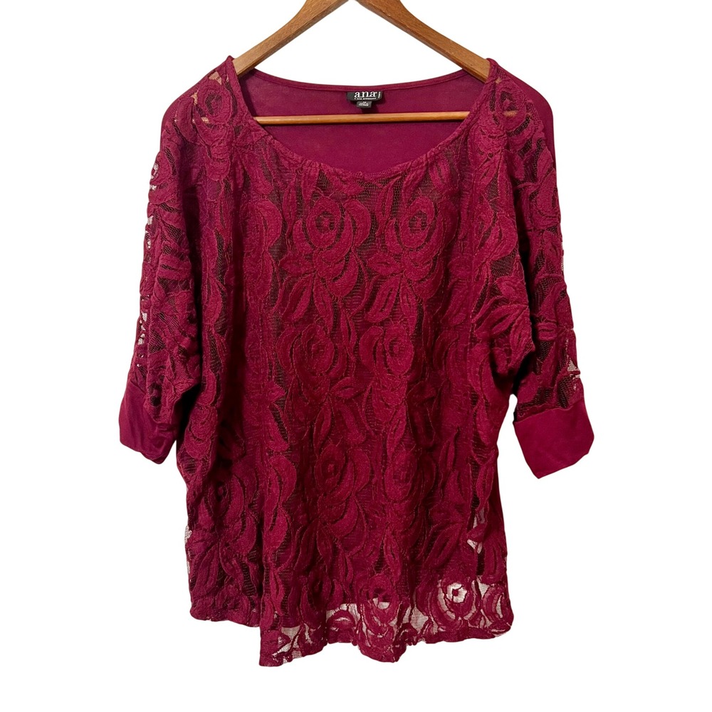 ANA A NEW APPROACH WOMAN 1X Burgundy Lace Overlay‎ Dolman Sleeve Top
